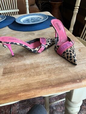 Cesare Paciotti Leopard Print Pointed-Toe Mules with Pink Accents